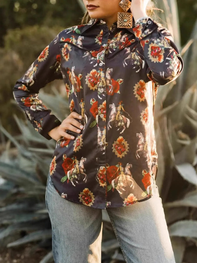 Printed Button Up Long Sleeve Shirt  Style Ratio