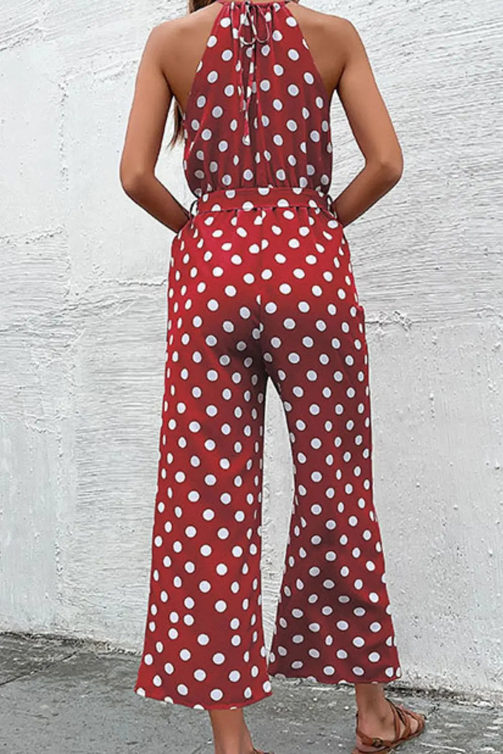 Perfee Polka Dot Grecian Wide Leg Jumpsuit  Style Ratio