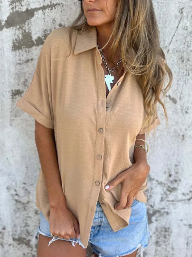 Full Size Collared Neck Half Sleeve Shirt  Style Ratio
