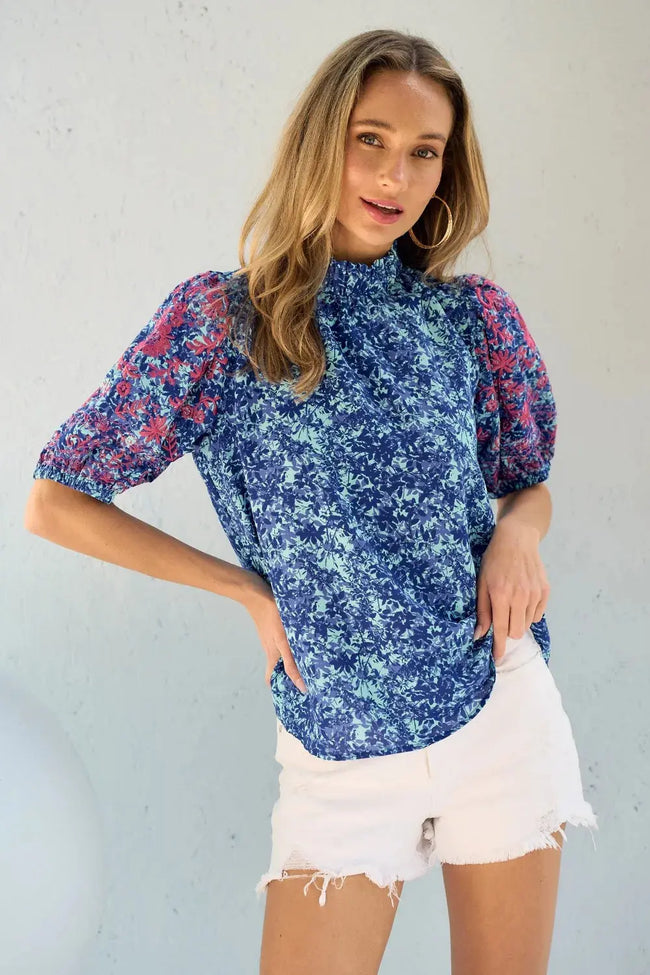 Hailey & Co Embroidered Puff Sleeve Printed Blouse  Style Ratio