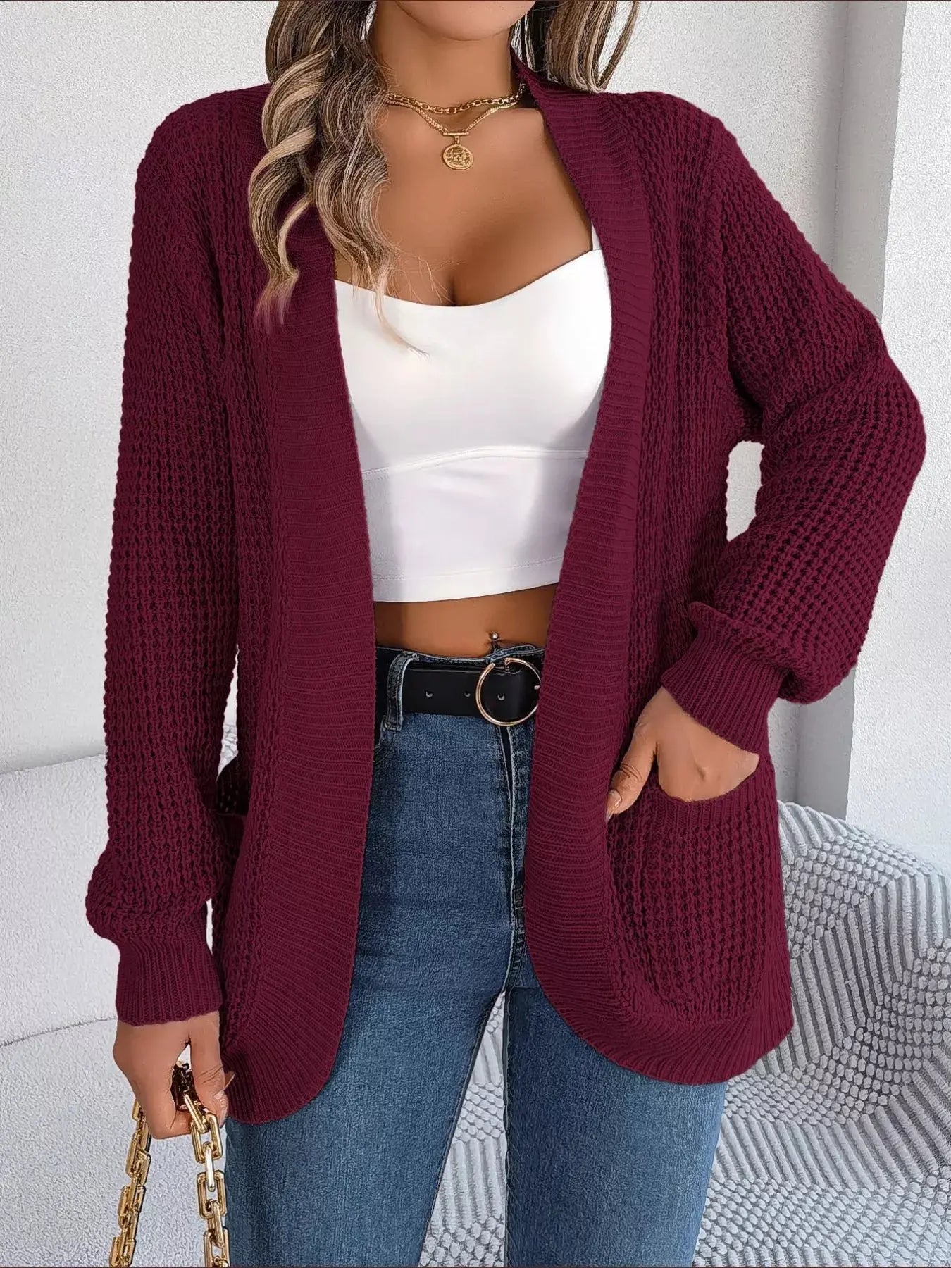 Chunky Knit Open Front Cardigan with Pockets  Style Ratio