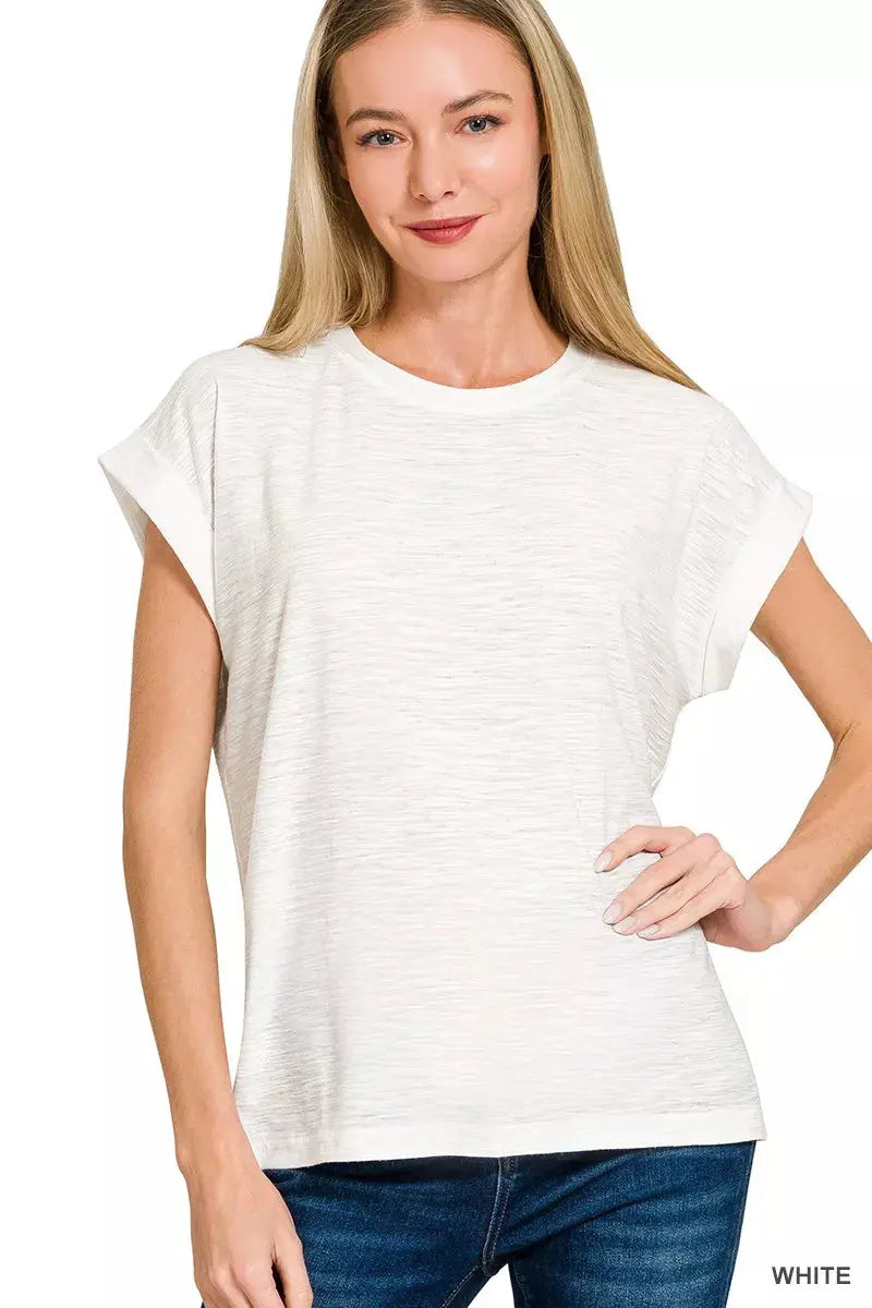 Zenana Slub Cuffed Short Sleeve Tee  Style Ratio