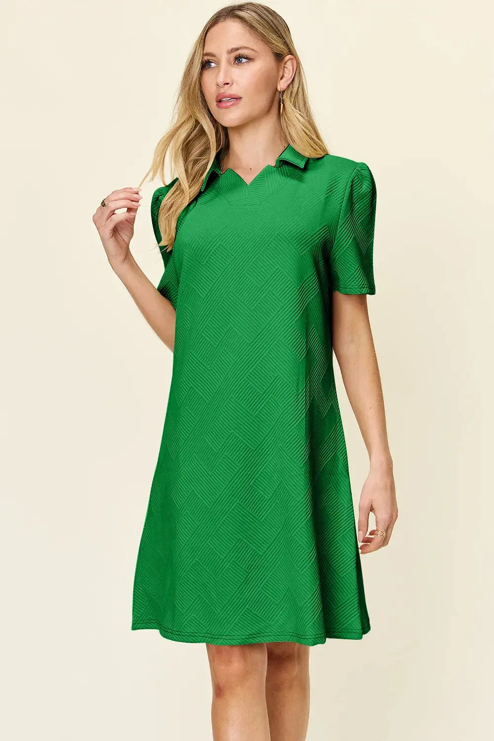 Double Take Full Size Texture Collared Neck Short Sleeve Dress  Style Ratio
