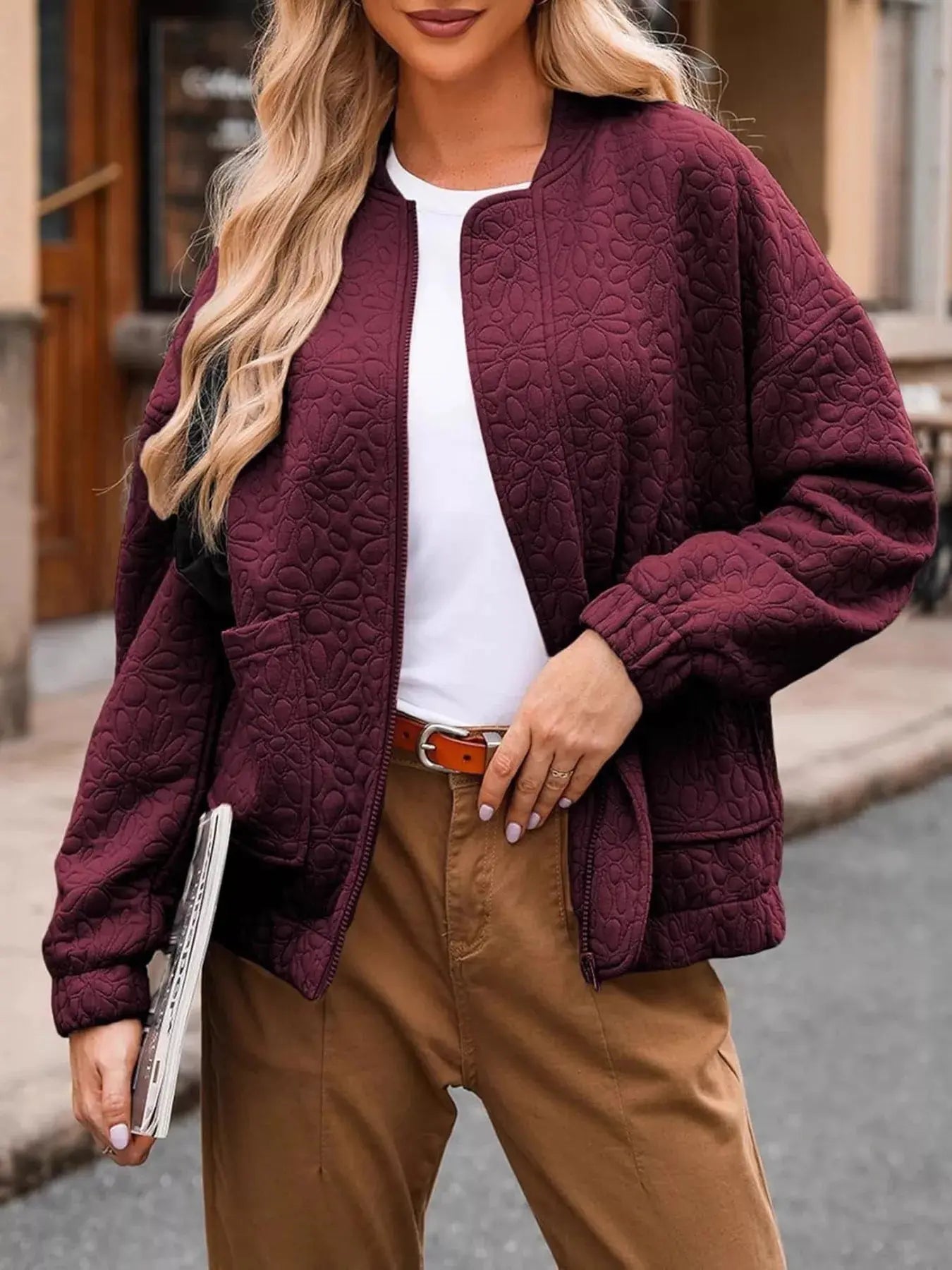 Full Size Floral Quilted Zip Up Jacket  Style Ratio