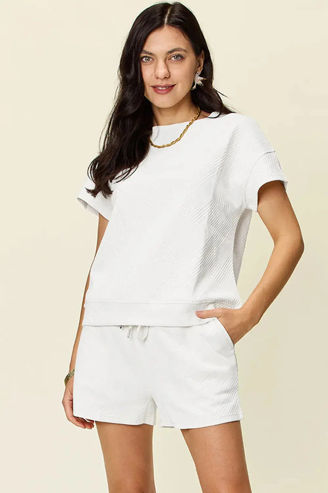 Double Take Full Size Texture Short Sleeve T-Shirt and Drawstring Shorts Set  Style Ratio