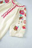 Floral Embroidered Notched Puff Sleeve Blouse  Style Ratio