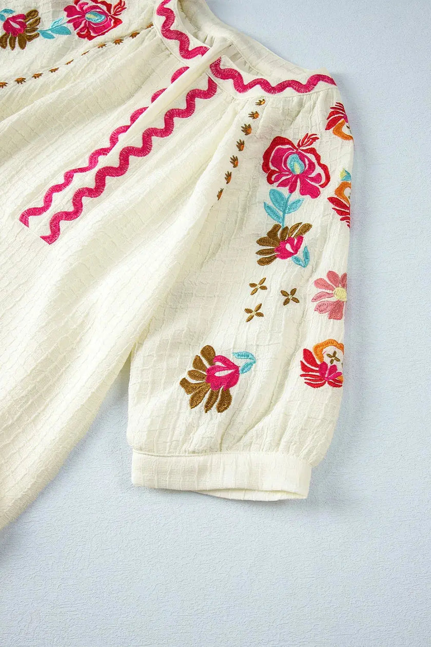 Floral Embroidered Notched Puff Sleeve Blouse  Style Ratio