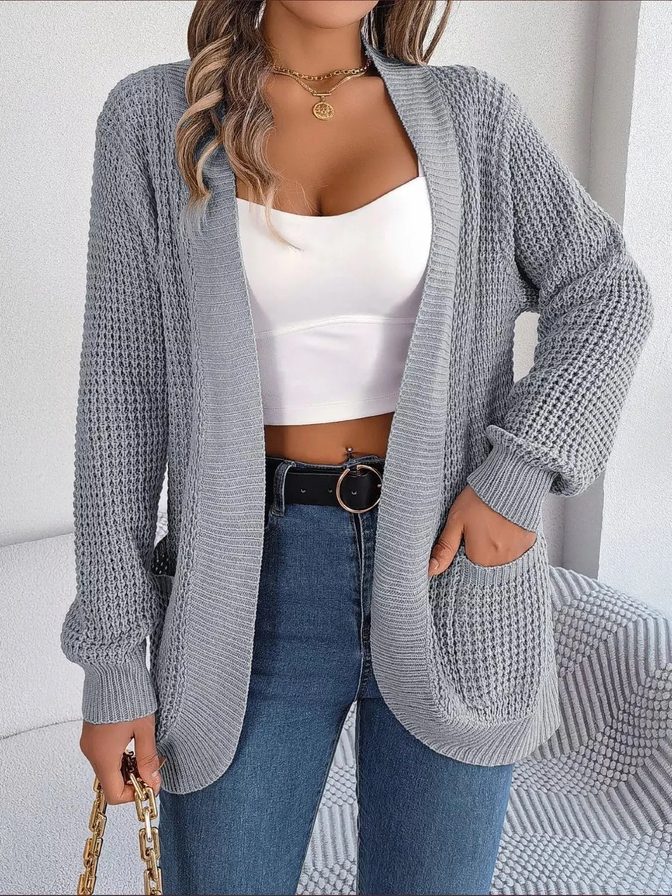 Chunky Knit Open Front Cardigan with Pockets  Style Ratio