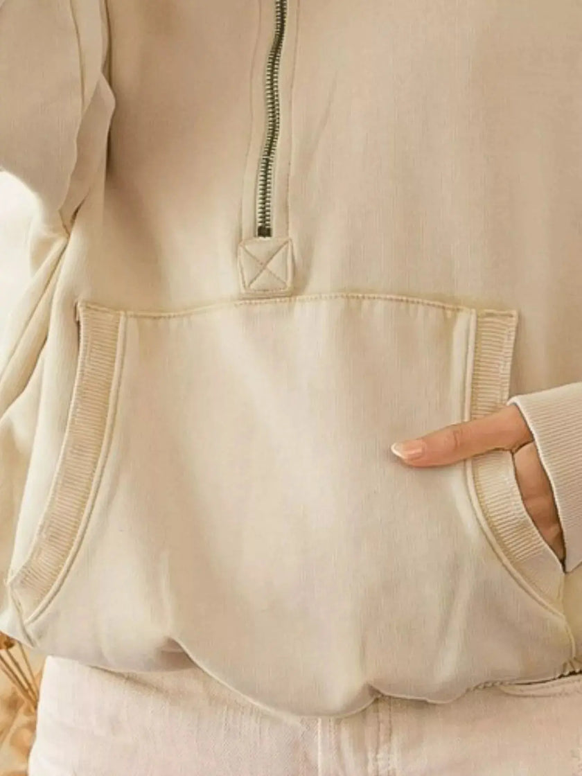 BiBi Stitch Detailed Elastic Hem Half Zip Fleece Hoodie  Style Ratio