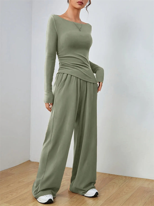 Casual Long Sleeve Top & Wide Leg Pants Set  Style Ratio