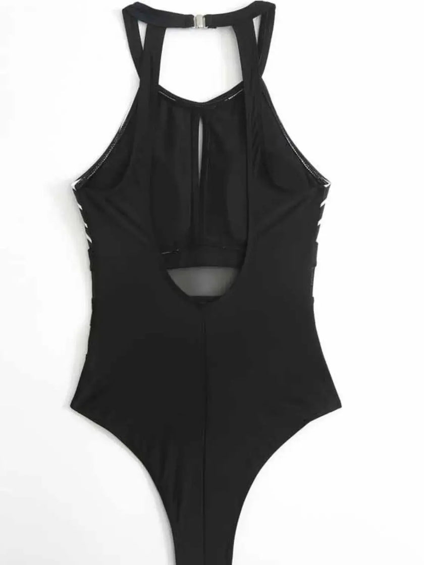 Mesh Detail Backless Striped One-Piece Swimsuit  Style Ratio