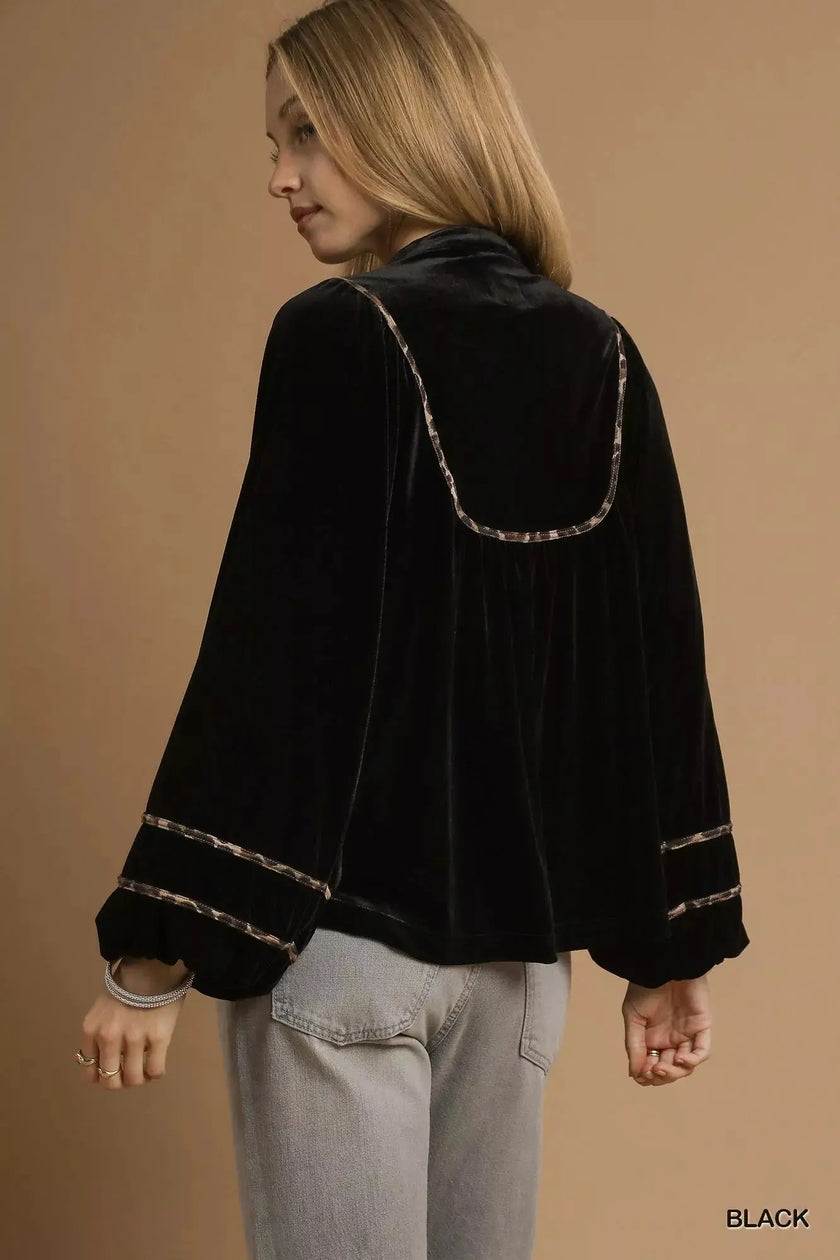 Umgee Velvet Long Sleeve Blouse with Contrast Trim  Style Ratio