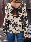 Bow Back Printed Round Neck Flounce Sleeve Blouse  Style Ratio