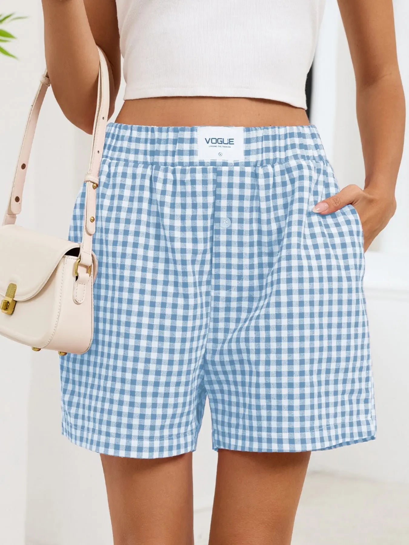 Gingham Elastic Waist Casual Shorts  Style Ratio