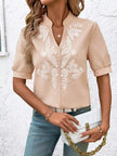 Embroidered Notched Short Sleeve Blouse  Style Ratio