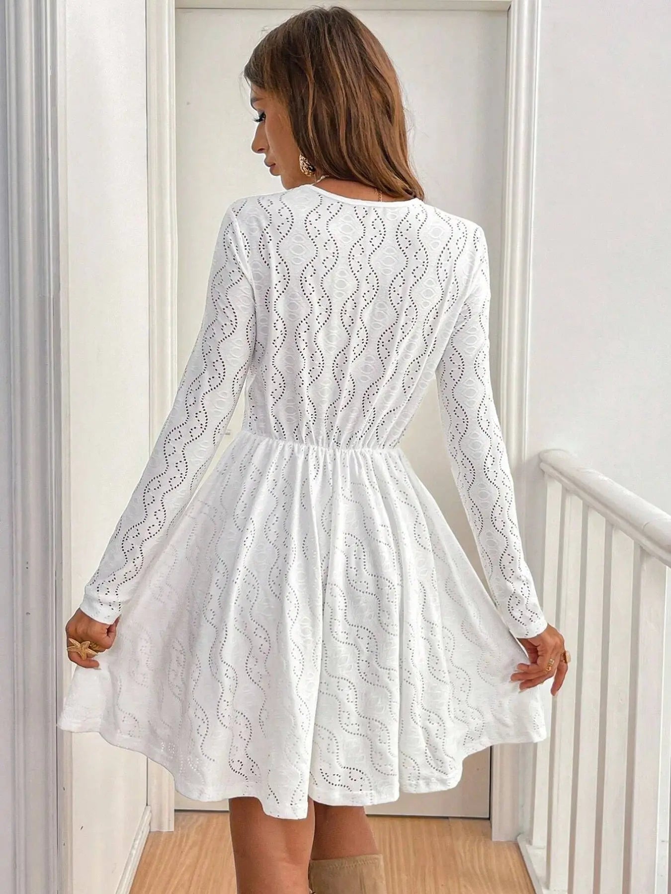 Lace Openwork Long Sleeve V-Neck Dress  Style Ratio