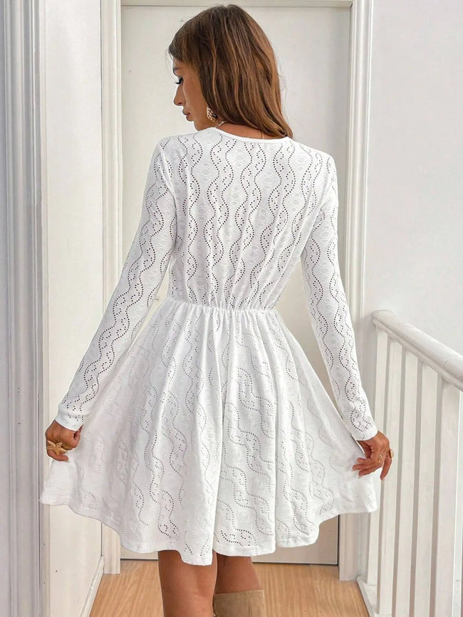 Lace Openwork Long Sleeve V-Neck Dress  Style Ratio