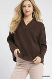 Umgee V-Neck Sweater with Wide Trim Detail  Style Ratio