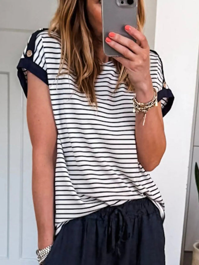 Stripe Cuffed Short Sleeve Shirt  Style Ratio