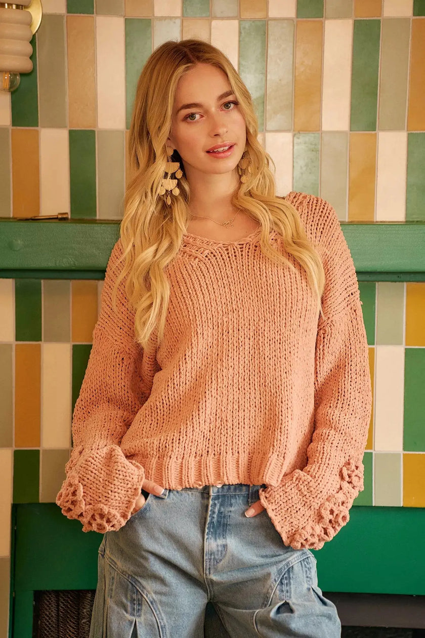 BiBi Chunky Knit Sweater with Flower Detail Sleeves  Style Ratio