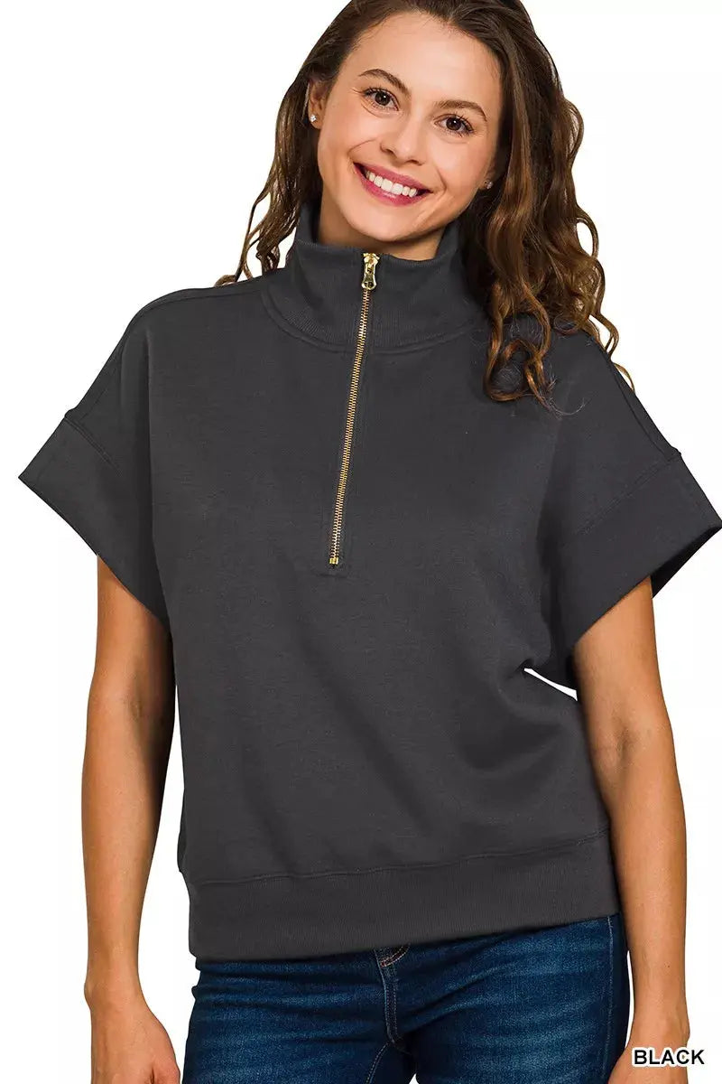 Zenana Full Size Scuba High Neck Half Zip Short Sleeve Sweatshirt  Style Ratio