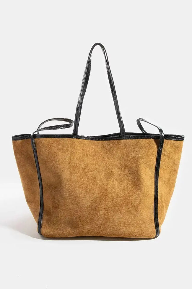 Fame Suede Tote Faux Leather Trim Shoulder Strap  Style Ratio