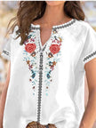 Full Size Floral Notched Short Sleeve Blouse  Style Ratio