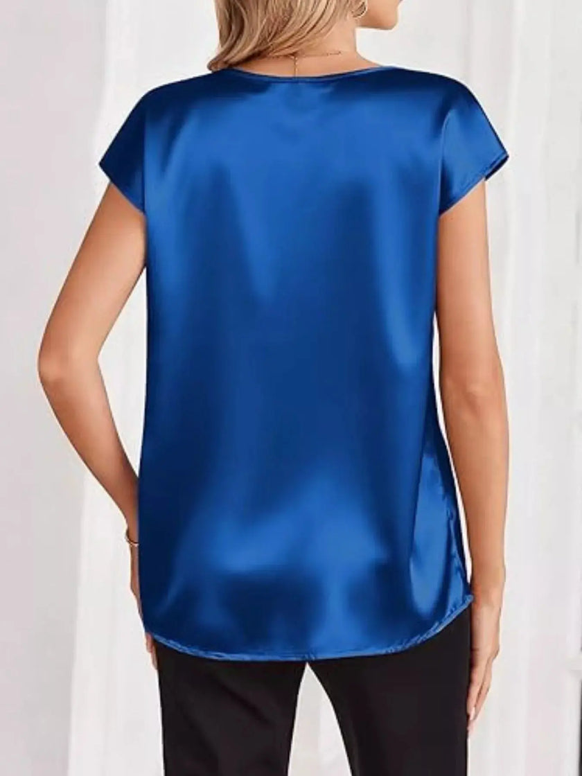 Satin V-Neck Short Sleeve Blouse  Style Ratio