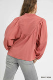 Umgee Textured Notched Blouse with Balloon Sleeves  Style Ratio