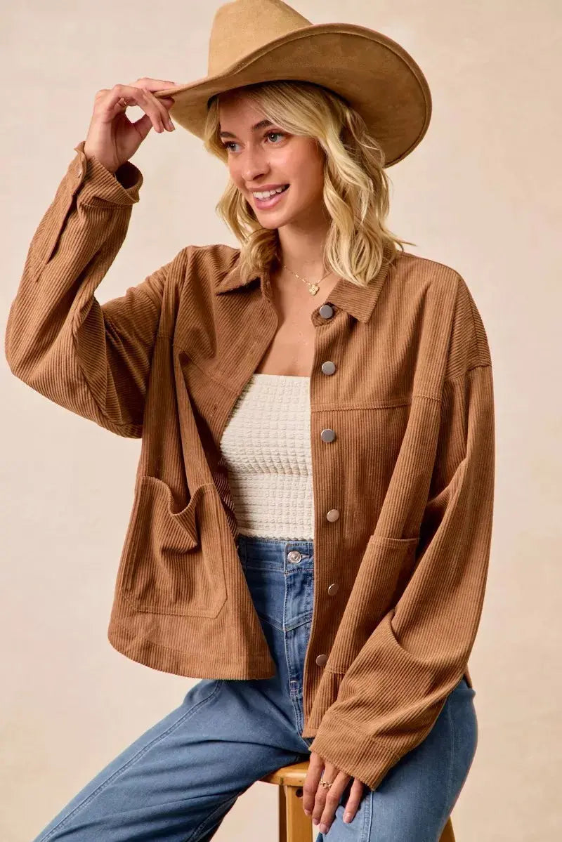 BiBi Corduroy Relaxed Fit Long Sleeve Shacket  Style Ratio