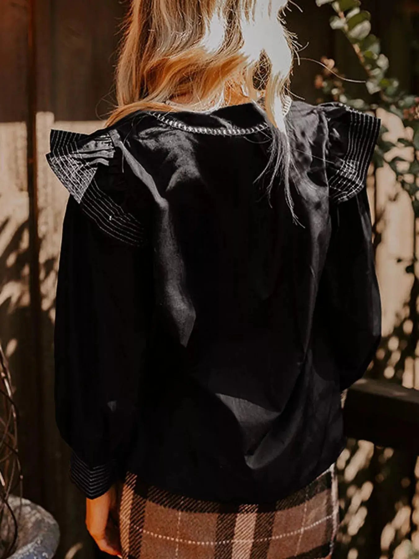 Ruffled Notched Long Sleeve Blouse  Style Ratio