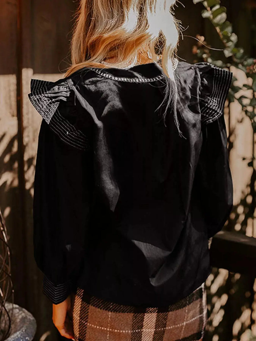Ruffled Notched Long Sleeve Blouse  Style Ratio