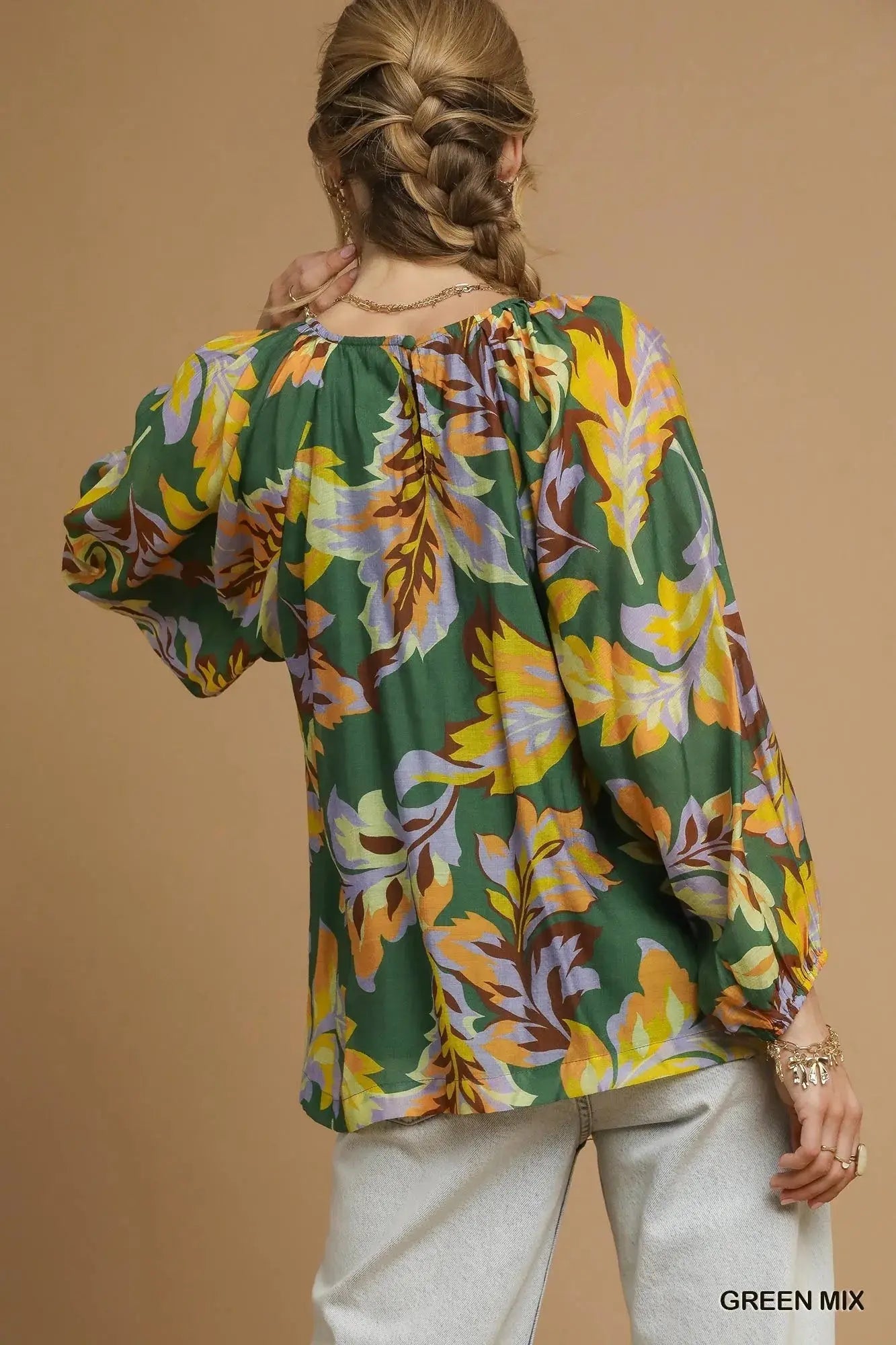 Umgee Mix Abstract Print Balloon Sleeve Blouse  Style Ratio