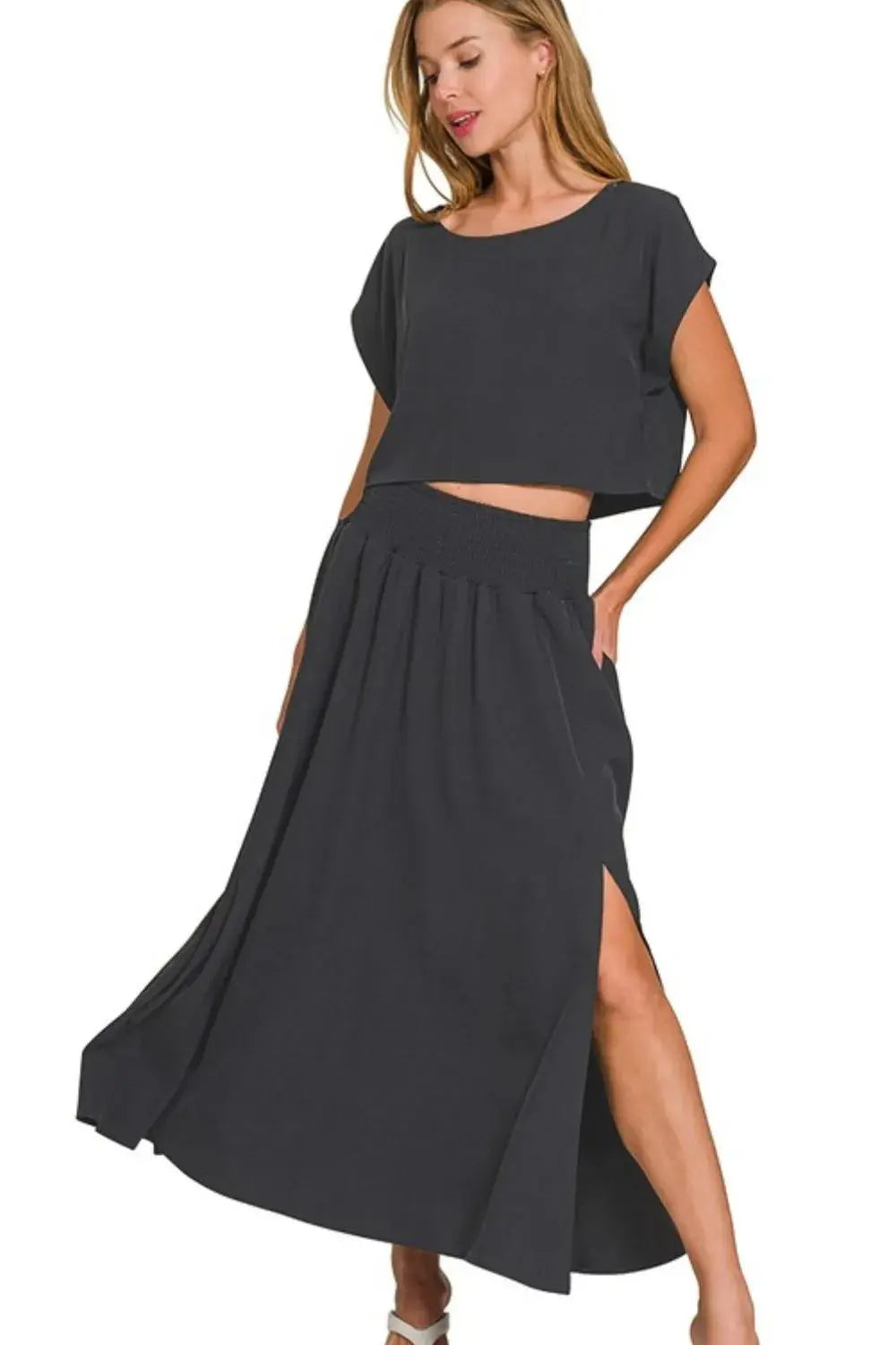 Zenana Heavy Woven Span Crop Tee & Skirt Set  Style Ratio