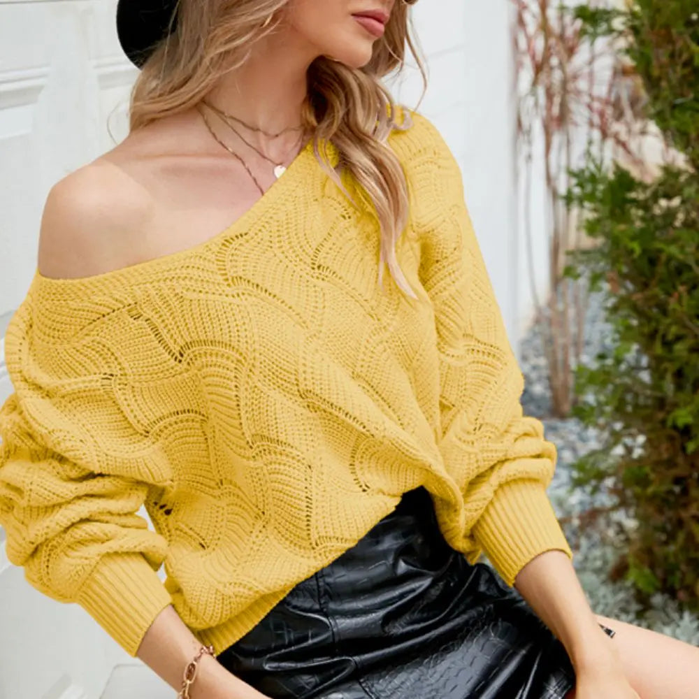 Womens V-Neck Open Knit Sweater Yellow Pandora