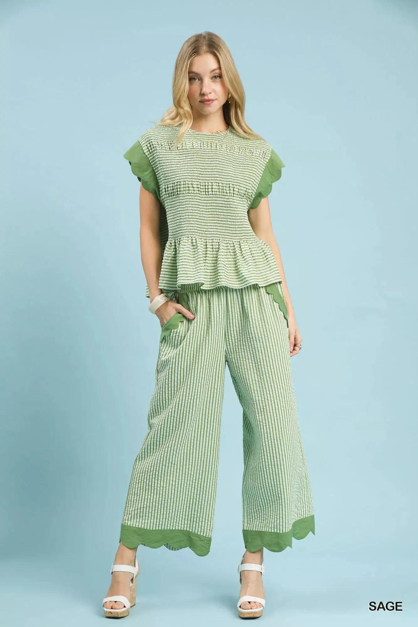 Umgee Stripe Scallop Hem Wide Leg Pants  Style Ratio