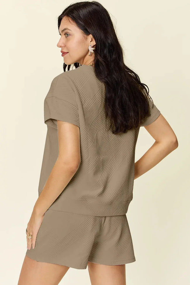 Double Take Full Size Texture Short Sleeve T-Shirt and Drawstring Shorts Set  Style Ratio