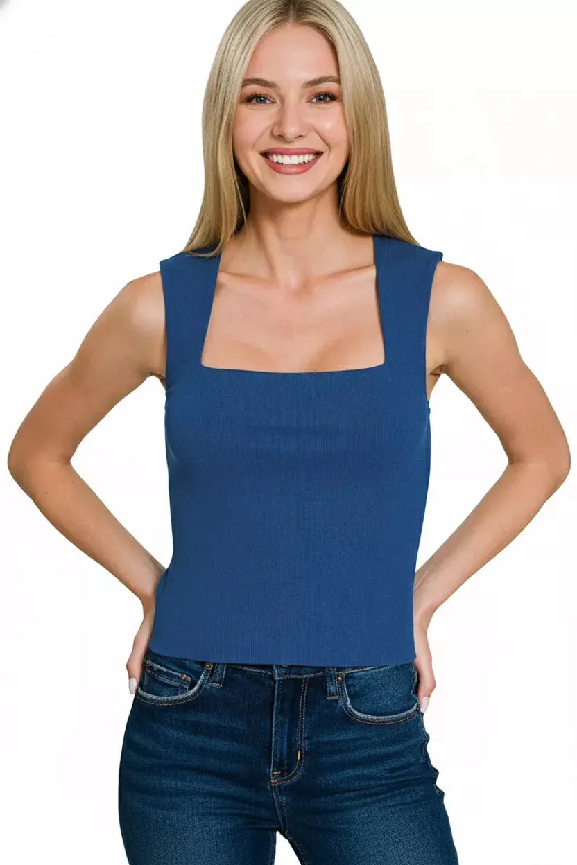 Zenana Ribbed Seamless Double Layered Square Neck Tank  Style Ratio
