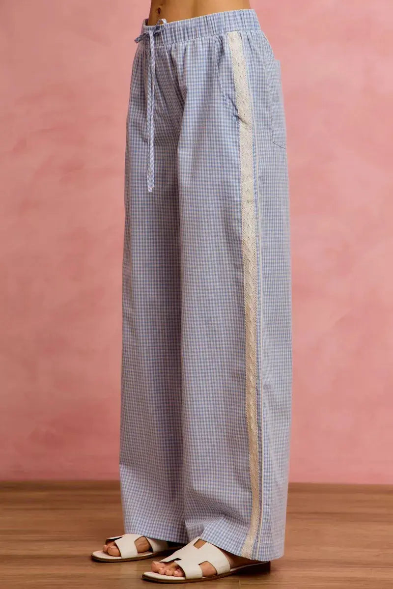 SO ME Wide Check  Pants With Side Lace Trim And Piping  Style Ratio