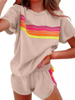 Rainbow Striped Round Neck Top and Shorts Set  Style Ratio