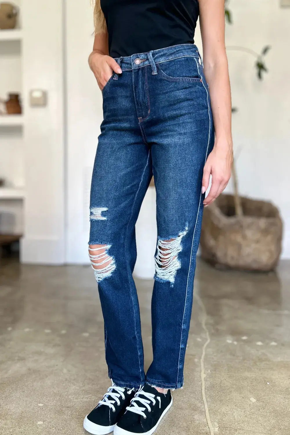 Judy Blue High Waist Rigid Magic Heavy Destroy Straight Jeans  Style Ratio