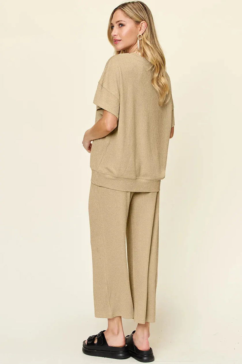 Double Take Texture Round Neck Short Sleeve Shirt and Wide Leg Pants  Style Ratio