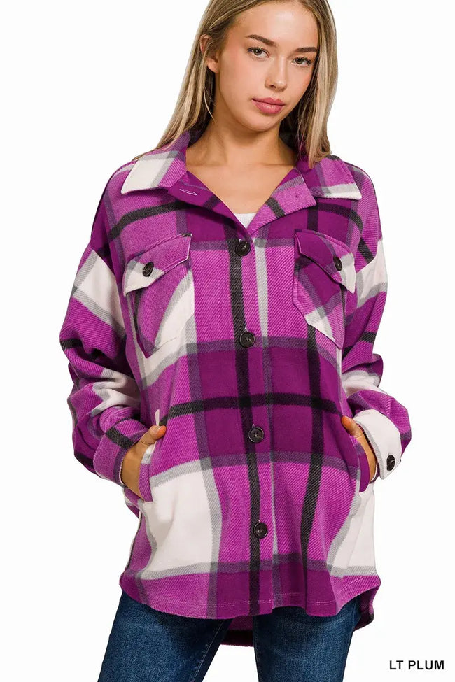 Zenana Oversized Plaid Fleece Shacket  Style Ratio