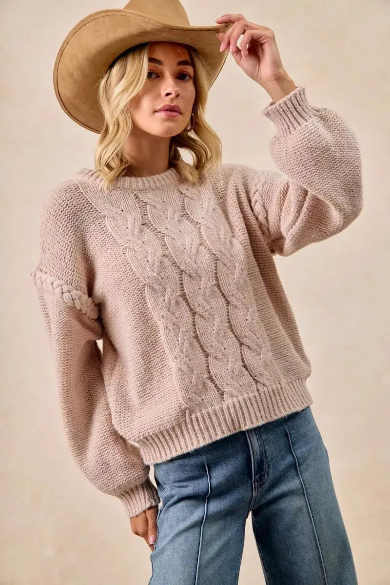 BiBi Cable Knit Sweater with Shoulder Braid Detail  Style Ratio