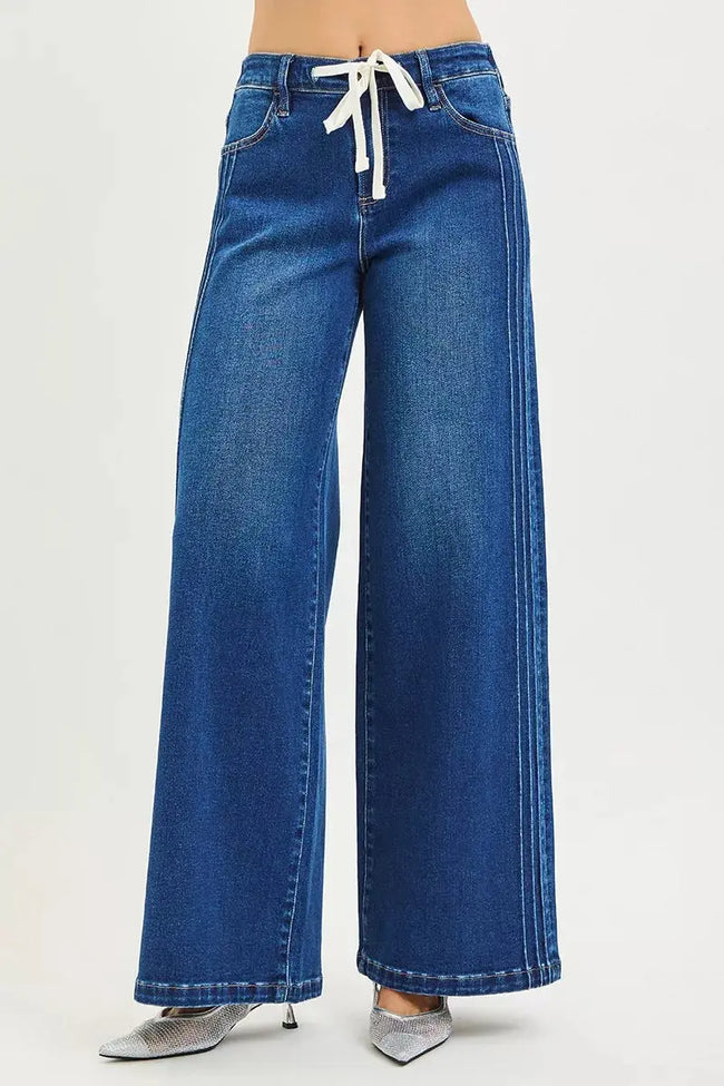 RISEN Full Size Mid Rise Wide Side Pintuck Jeans with Front Drawstring  Style Ratio
