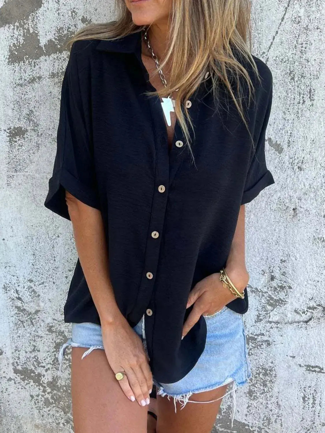 Full Size Collared Neck Half Sleeve Shirt  Style Ratio