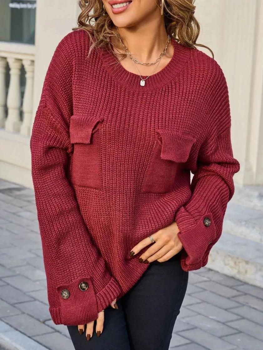 Pocket Detail Round Neck Sweater  Style Ratio