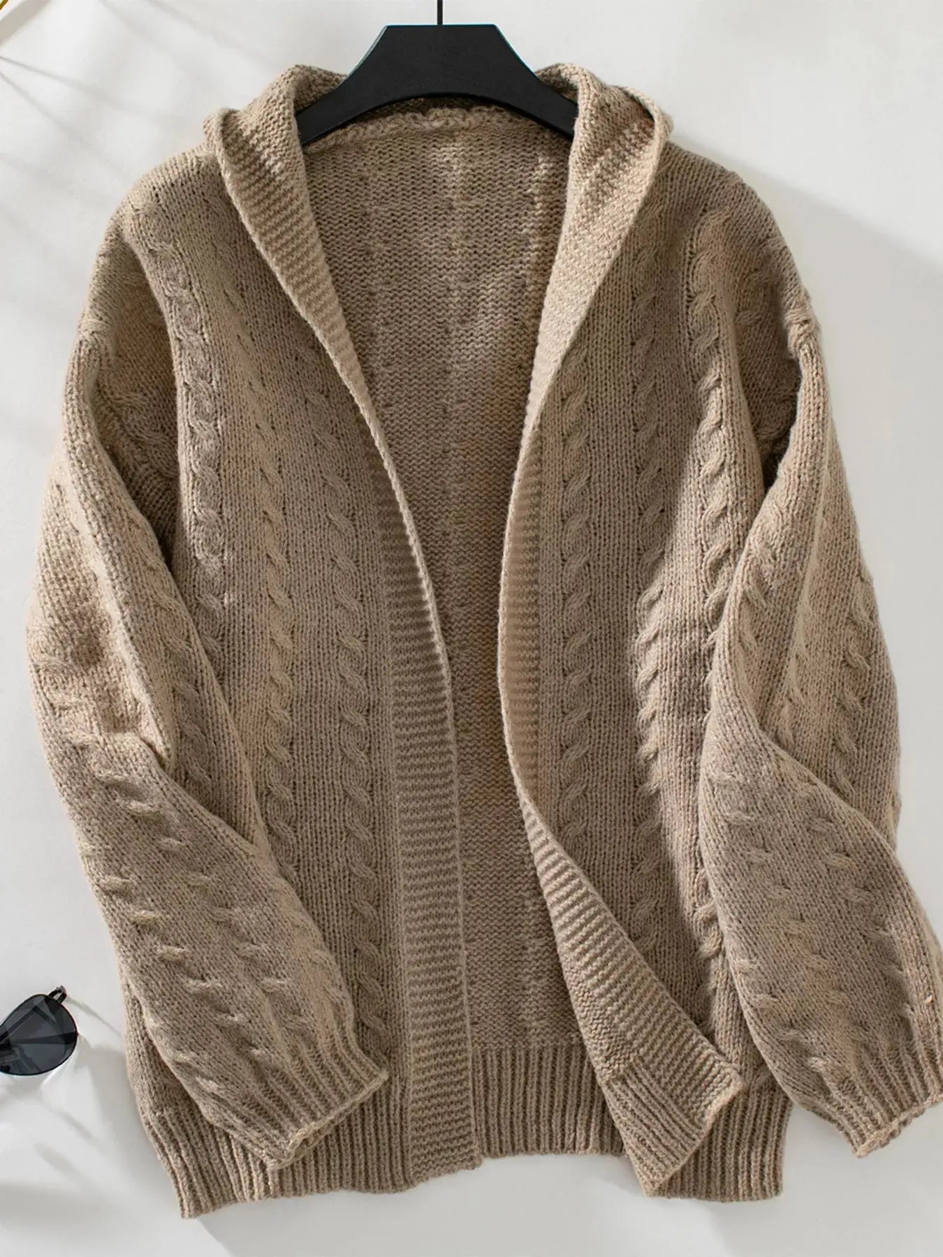 Cable Knit Open Front Hooded Cardigan  Style Ratio
