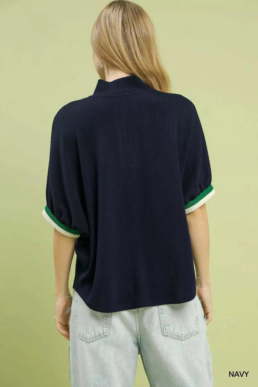 Umgee Textured Knit Top with Striped Contrast Trim  Style Ratio