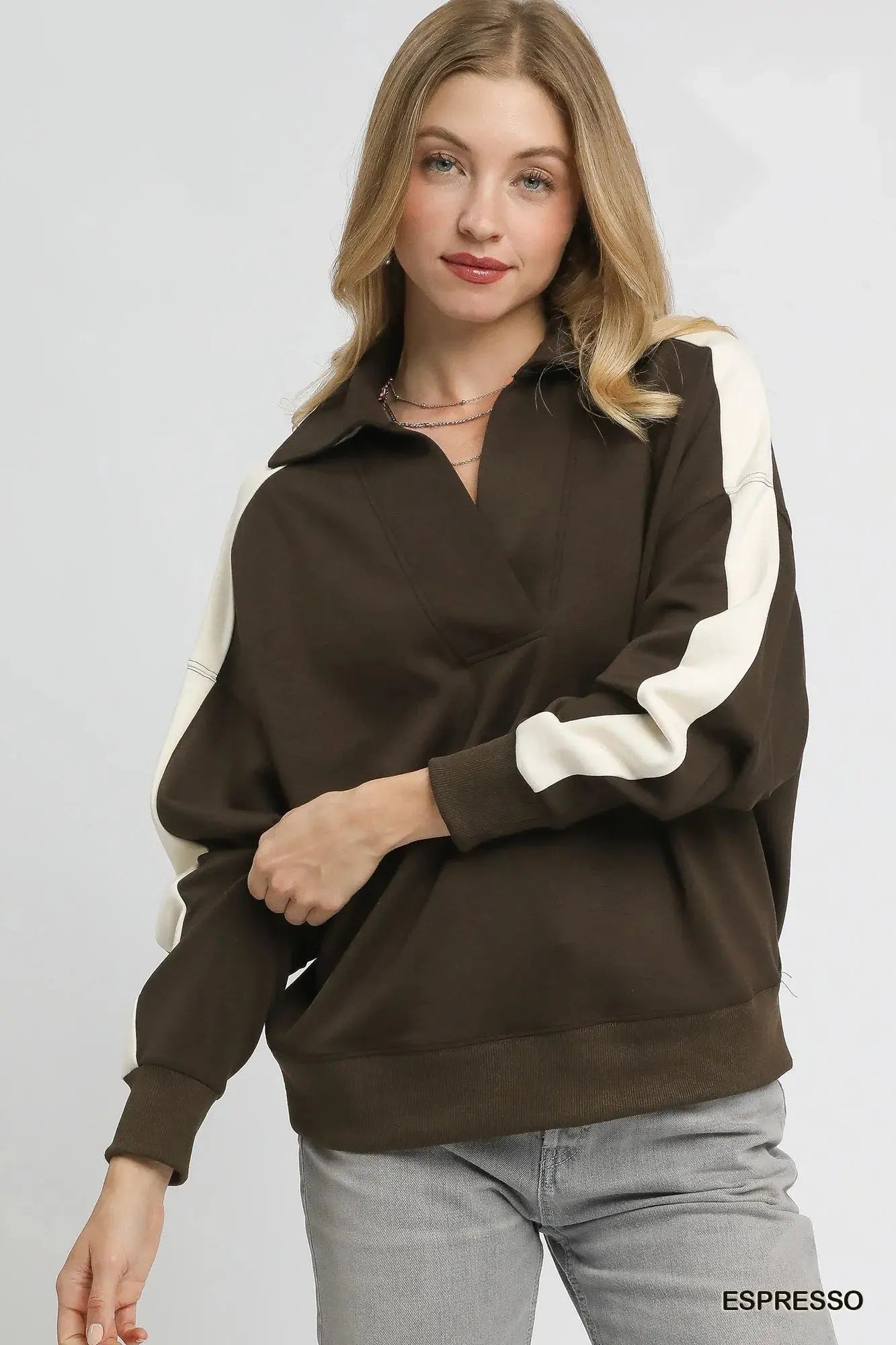 Umgee Color Block Polo Sweatshirt  Style Ratio